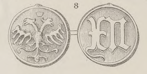 880-8 (8) Presentiepenning van de raad van Middelburg (voor- en keerzijde), dubbele arend, kroon, en cijfer XII (tin, lood)