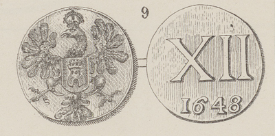 880-9 (9) Presentiepenning van de raad van Middelburg (voor- en keerzijde), arend met keizerskroon schild met burcht ...