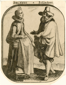 891 Selandi + Selanders. Een vrouw en een man in Zeeuwse klederdracht, met opschrift (Italiaans/Nederlands)