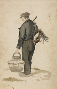 898-1 Een man met dode fazant aan een stok en mand