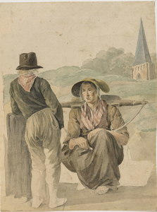 898-11 Een vrouw op de knieën met juk, pratend met een man, op de rug gezien, op de achtergrond een kerktoren