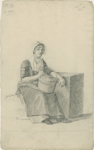 903-48 Een Walcherse vrouw, zittend met mand bij steen