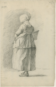 903-5 Een Walcherse vrouw, met een hoed en een mand, op de rug gezien