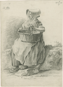 903-7 Een Walcherse vrouw met een mand en een hoed, zittend