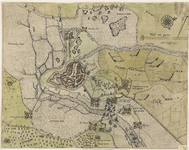 93 Kaart van Hulst en omgeving, waarop aangegeven de verovering door de Staatsen van de redoute Kleine Pape