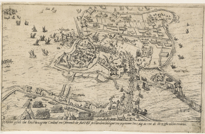 98 Kaart van Hulst en omgeving tijdens het beleg door de Spanjaarden, met de bestorming van de Begijnepoort (1 aug.), ...