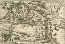 99 Kaart van de verovering van de stad Hulst door de Spanjaarden onder kardinaal Arciduca, strijd voor de stad tegen de ...