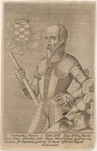 170 Ferdinand Alvarez de Toledo (Alva) (1508-1582), hertog, gouverneur der Nederlanden (1567-1573), in harnas, met zijn ...