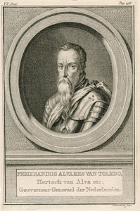 172 Ferdinand Alvarez de Toledo (Alva) (1508-1582), hertog, gouverneur der Nederlanden (1567-1573), in harnas, met ...