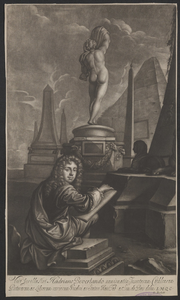 227 Hadrianus Beverland (1651-1712), auteur en verzamelaar te Middelburg, met tekenplank temidden van zuilen, beelden ...