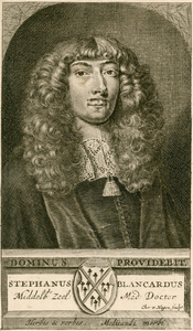 237 Stephanus Blancardus (1650-1702), geneeskundige te Amsterdam, met een spreuk (Latijn) en zijn wapen.