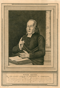 253 Simon Boitet (1726-1807), predikant te Middelburg (1757-1807), aan tafel met een Bijbel, met onder een gedicht.