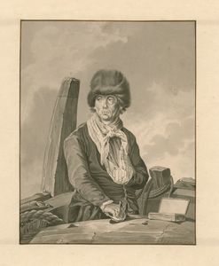 551 Christiaan Cornelis (17..-1794), Vlissingse matroos en zeeheld, met berenmuts en degen, op achtersteven hernomen ...