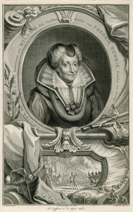 66 Louise de Coligny (1553-1620), vierde gemalin van prins Willem I van Oranje, met bijwerk en onder afbeelding van de ...