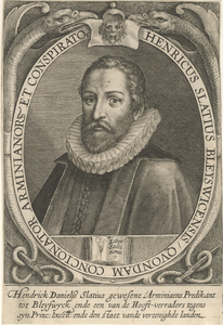 822 Henricus Slatius (1580-1623), Remonstrants predikant, in ovaal, met randschrift (Latijn), zinnebeelden en ...