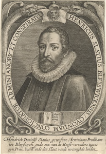 822 Henricus Slatius (1580-1623), Remonstrants predikant, in ovaal, met randschrift (Latijn), zinnebeelden en ...