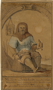 931 Willem Beukelsz., uitvinder van het haringkaken te Biervliet, zittend op vismand, met mes in linkerhand en vis in ...
