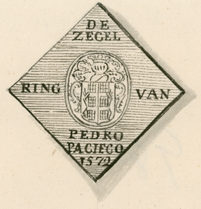 981 Afbeelding van de zegelring van don Pedro Pacheco, Spaans krijgsoverste, opgehangen te Vlissingen 9 mei 1572.