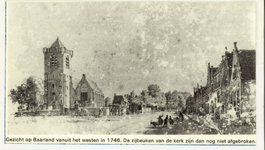 125-89 Gezicht op Baarland vanuit het westen in 1746. De zijbeuken van de kerk zijn dan nog niet afgebroken.