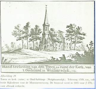 142-15 Tekening van de voormalige Nederlandse Hervormde kerk te (Oud Sabbinge) Wolphaartsdijk