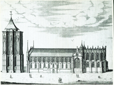 143-37 De Sint Lievensmonsterkerk te Zierikzee gezien vanuit het zuiden, naar een negentiende-eeuwse gravure