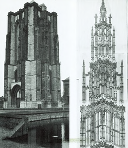 143-42 De Sint Lievensmonstertoren te Zierikzee. Rechts het ontwerp voor de bovenbouw