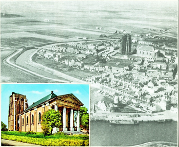 143-57 De binnenstad van Zierikzee vanuit de lucht met links onder inzet van de Nieuwe Kerk met de Sint Lievensmonstertoren