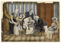 287 Eerste vaccinatie te Middelburg bij kinderen door dr A. van Solingen / [P. Gaal]. [c. 1805]. 1 tekening : aquarel, ...