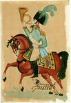 335 Militair te paard, blazend op hoorn. [c. 1799]. 1 tekening : aquarel, in kleur, papier ; 31,2 x 21,1 cm