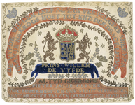 378 Wapen van Willem V (1748-1806), stadhouder, prins van Oranje. [c. 1787]. 1 tekening : papier, glitter, in kleur ; ...