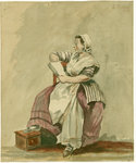 381 Vrouw lezend op stoel, met stoof / J. Perkois. 1765. 1 tekening : aquarel, in kleur ; 22,1 x 18,2 cm