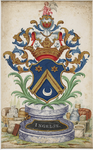 722 Afbeelding van het wapen van Jan Ingelse, beleder van het apothekersgilde te Middelburg, aan onderzijde omringd ...
