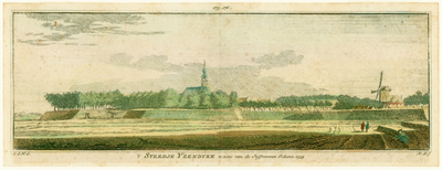 804 't Steedje IJzendyke te zien van de Juffrouwen Schans. 1739 / A. de Haen [tek.] ; H. Spilman [grav.]. Amsterdam : ...