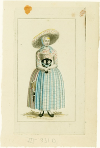 820 Afbeelding van een vrouw in Zuid-Bevelandse dracht [c. 1790]. [Haarlem, 1792]. 1 prent : kopergravure, ingekleurd ; ...