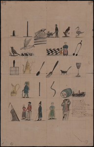 833 Bordspel met o.a. vogels, keukengereedschap, marskramer, man en vrouw etc. [circa 1780]. 1 tekening : in O.I. inkt, ...
