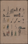 833 Bordspel met o.a. vogels, keukengereedschap, marskramer, man en vrouw etc. [circa 1780]. 1 tekening : in O.I. inkt, ...