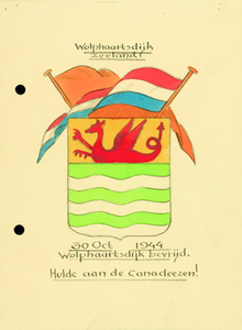 872 Wolphaartsdijk Zeeland. Het wapen van Wolphaartsdijk met Nederlandse vlag en Oranje vlag ter gelegenheid van de ...