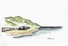 964-1119 Strand te Valkenisse met strandhuisjes en strandtent.