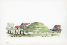 964-1123 De vliedberg te Zoutelande met op de achtergrond enkele boerderijen.