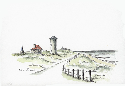 964-1142 Gezicht op de duinen van Domburg met in het midden de watertoren.