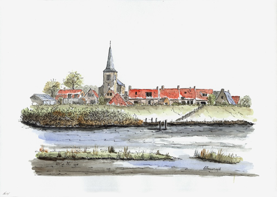 964-1614 Gezicht op Ellewoutsdijk met de toren van de Nederlandse Hervormde kerk.
