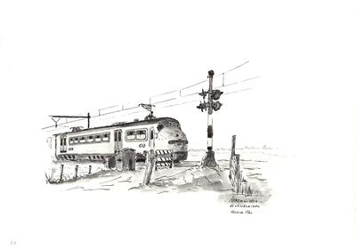964-22 Een trein passeert een onbewaakte spoorwegovergang bij Arnemuiden.