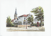 964-2332 Café 'Tramzicht' te Domburg, met op de achtergrond de toren van de Nederlandse Hervormde kerk