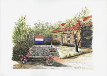 964-2531 Kar op het erf van een boer te Serooskerke op Walcheren die sierfruit verkoopt.