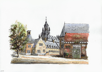 964-2555 Gezicht op de Bodenplaats en de achterzijde van het stadhuis te Middelburg.