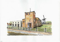 964-2569 De Samen Op Weg kerk De Levensbron te Rilland, met op de achtergrond de molen
