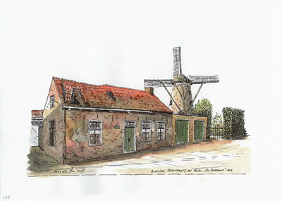 964-2837 Een huis aan de Molenstraat 7 en molen 'De Harmonie' te Biervliet.