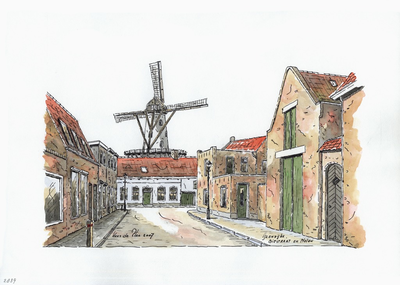 964-2839 Gezicht op de Biestraat en de molen te IJzendijke.