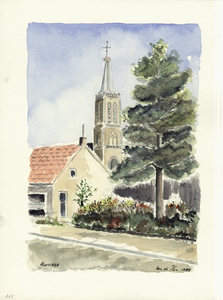 964-335 Gezicht van uit de Lewestraat op de toren van de Nederlandse Hervormde kerk van Kloetinge.