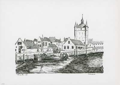 964-365 Een gedeelte van de haven met de Zuidhavenpoort te Zierikzee.